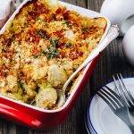 Baked brussel sprout gratin with a bacon and bread crumbs