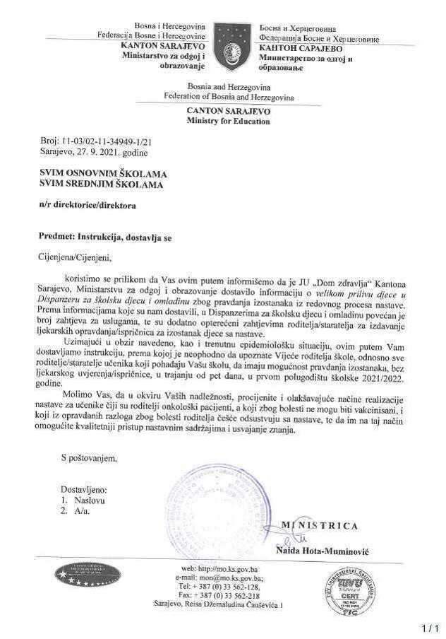 Uputa Ministarstva odgoja i obrazovanja Kantona Sarajevo