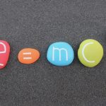 Science physics formula e=mc2, Theory of relativity composed with colored and carved stones